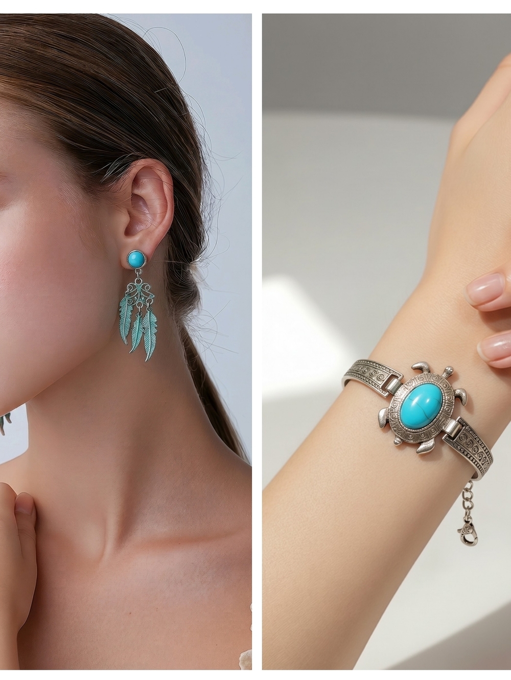 Bohemian Turquoise and Silver accent Bracelet, Earrings and Charm Set